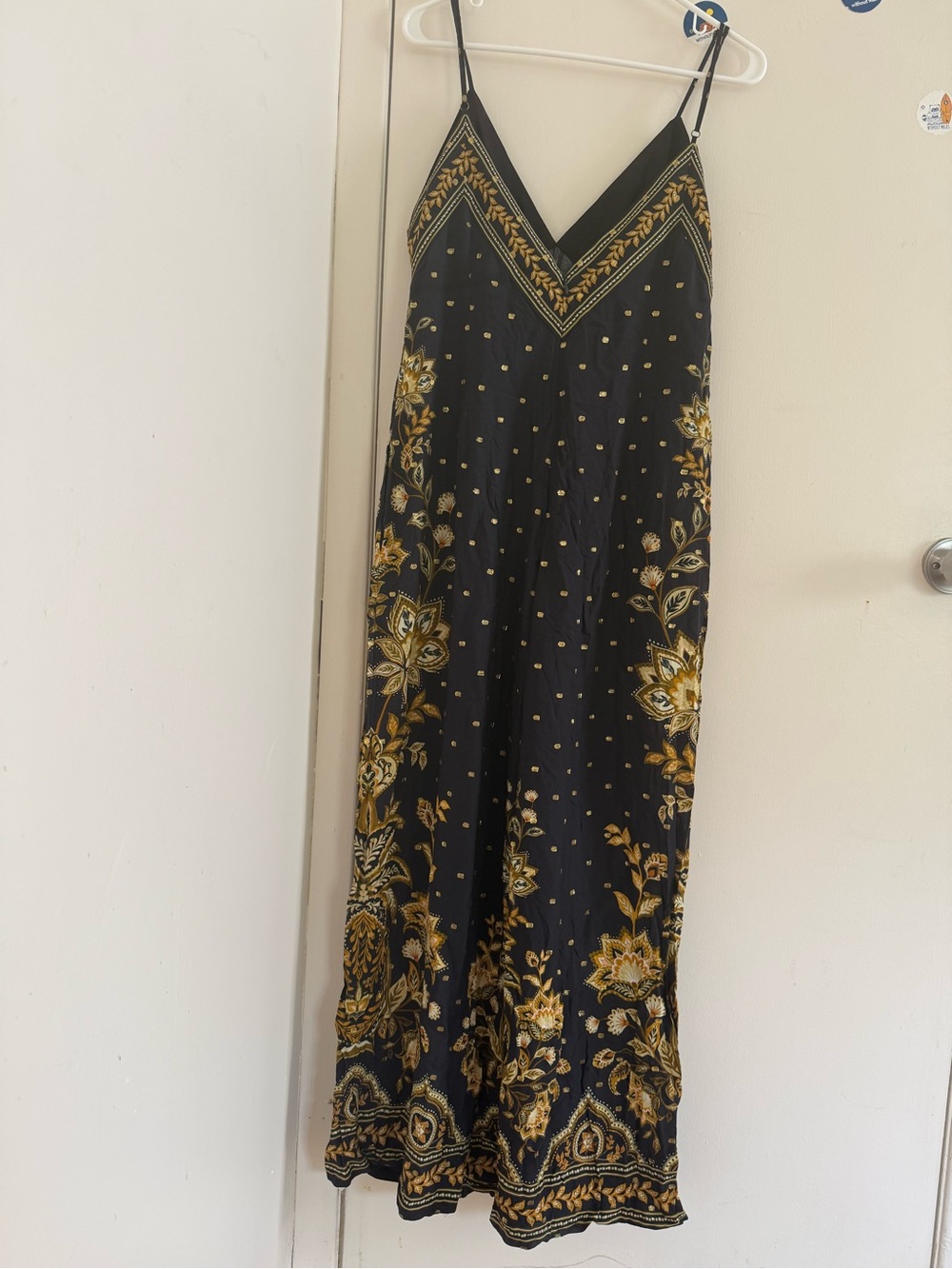New Farm Rio Black & Gold Floral V-Neck jumpsuit with Spaghetti Straps - Picture 3 of 4